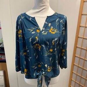 Collective Concepts Xs  Petite Blouse Blue Green Floral  Tie Front Top